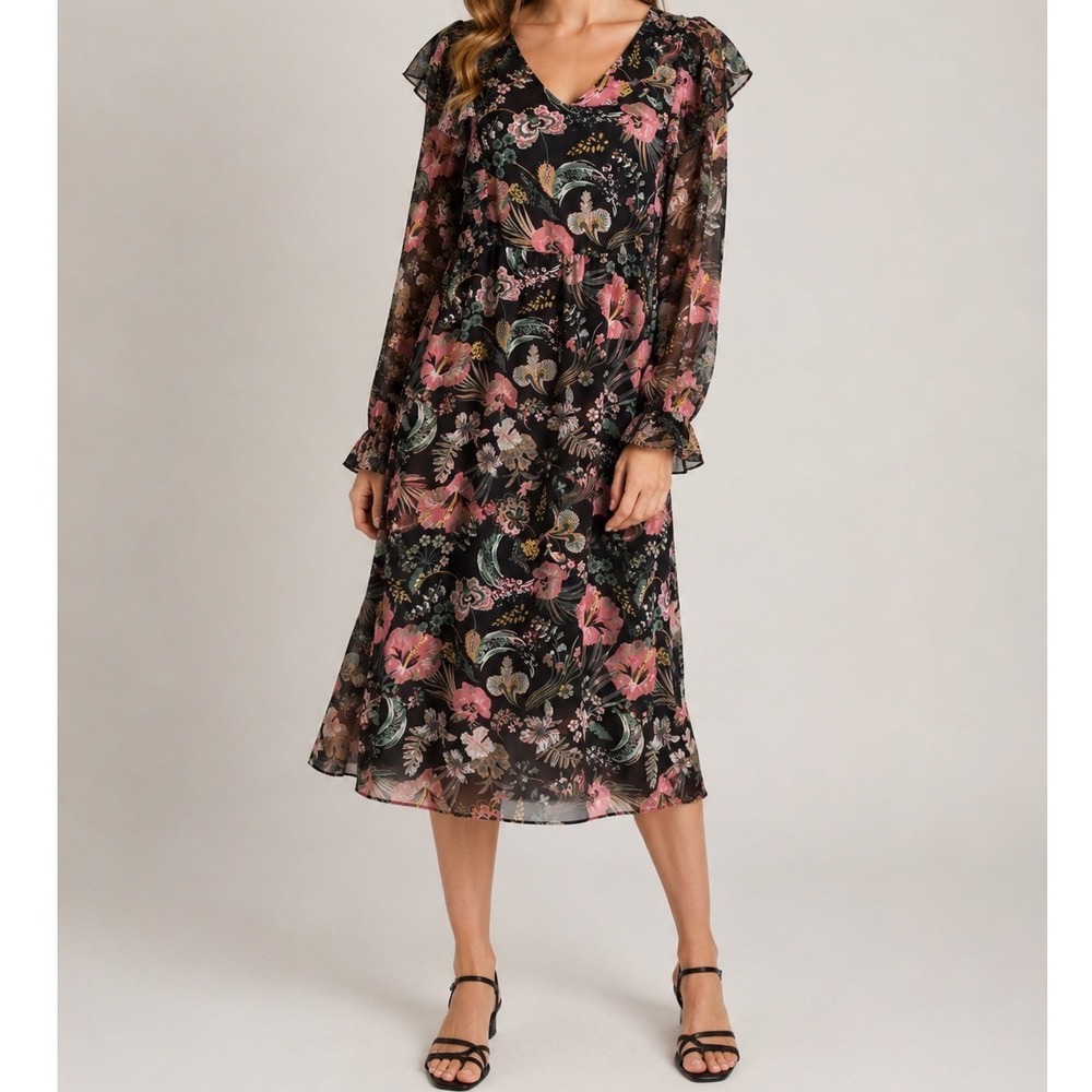ICHI Black Floral Ruffle Chiffon Midi Dress Cottage Boho Scandinavian Size 36